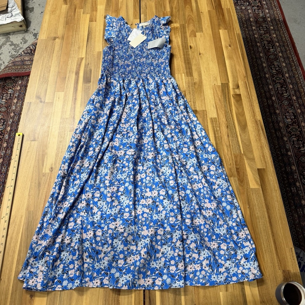 NWT Melloday Maxi Dress Size Small Floral Blue Ruffle Smocked